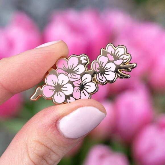 Cherry Blossom Branch Enamel Pin - Gold Plated Brooch - Flower & Nature Jewelry - Picture 2 of 3